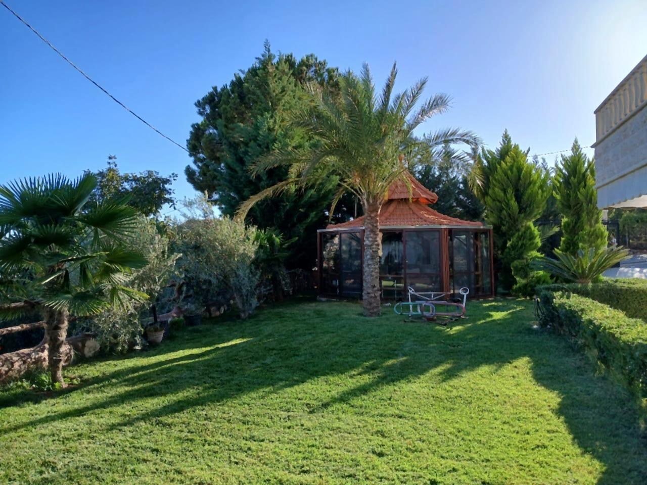 A garden gazebo framed by cypress and a palm tree, Machgara