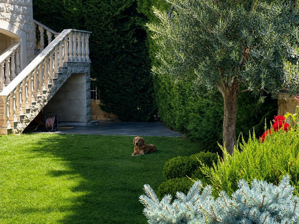 A curved stone bench built around a mature olive tree, Zahle