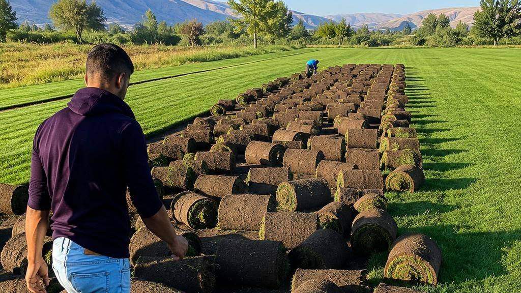Rolls of turf ready for installation on a lawn with the Bekaa Valley mountains behind, Green line landscaping