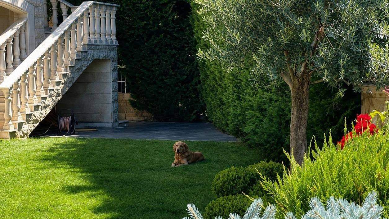 A private garden lawn with mature planting and staircase, Green line landscaping